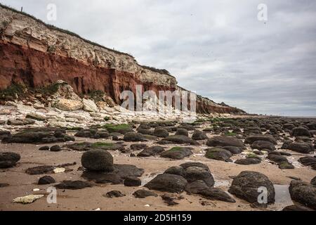 Gli strati Cretacei consolidati formano delle scogliere attive a nord della città di Hunstanton sulla costa orientale del Washington. Foto Stock