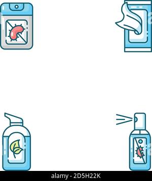 Set di icone colorate RGB blu per igienizzanti antibatterici per le mani Illustrazione Vettoriale