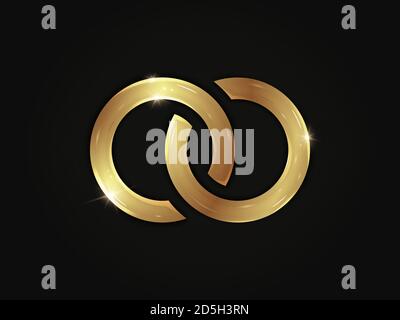 Anelli frizzanti dorati a forma di segno infinito isolato su sfondo nero Illustrazione Vettoriale