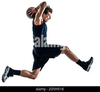 Un caucasian giocatore di basket uomo isolato in silhouette ombra su sfondo bianco Foto Stock