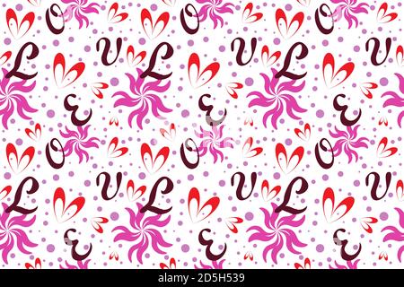 Motivo floreale senza cuciture. Simpatico modo luminoso illustrazione con cuori, fiori rosa, lettere su sfondo bianco. Illustrazione Vettoriale