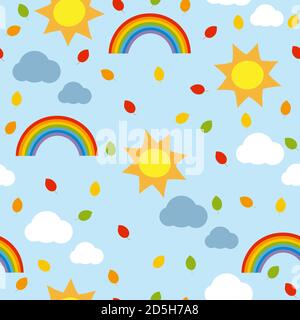 Colorato motivo senza cuciture con sole, arcobaleno, nuvole e foglie autunnali. Foto Stock