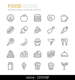 Raccolta di icone di linea relative al cibo. 48x48 pixel Perfect. Tratto modificabile Illustrazione Vettoriale