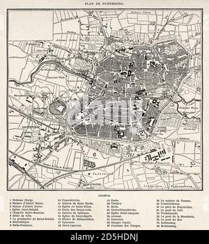 Vecchia mappa di Norimberga, Baviera. Germania. Antico XIX secolo inciso disegno da viaggio a Norimberga le Tour du Monde 1864 Foto Stock