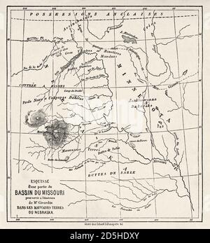 Vecchia mappa di parte del bacino del Missouri in Nebraska, Stati Uniti. Antico XIX secolo inciso da viaggio in Nebraska le Tour du Monde 1864 Foto Stock