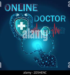 Online medico consultazione vettore segno. Comunicazione medica con il paziente, consiglio cardiologia.pulsante di chiamata manuale sullo schermo del telefono. Controllare il battito cardiaco Illustrazione Vettoriale