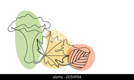 Foglie d'autunno e un fungo in stile lineare disegnato a mano con coloratissime macchie astratte. Isolato su bianco. Illustrazione Vettoriale