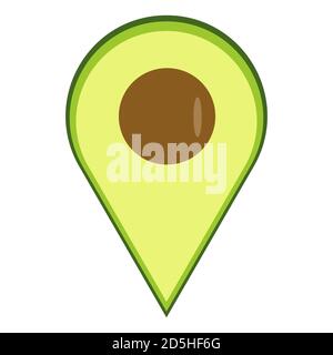 Icona di navigazione del puntatore della mappa avocado isolata. Modello vettoriale del logo avocado Illustrazione Vettoriale