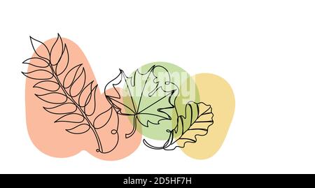 Foglie autunnali disegnate a mano in stile lineare con coloratissime macchie astratte. Isolato su bianco. Illustrazione Vettoriale