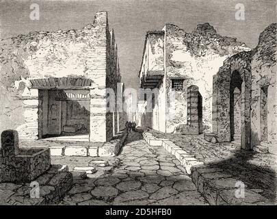 Casa con terrazzo e fontana recintati, Pompei, Campania, Italia, Europa. Antico XIX secolo inciso da Pompei e Pompei di Marco Monnier, le Tour du Monde 1864 Foto Stock