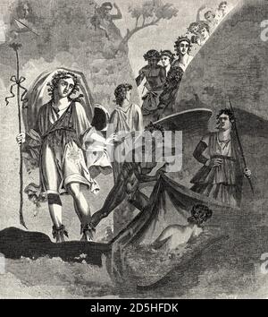 Affresco Ariadne e Bacco, in casa Proculus, Pompei, Campania, Italia, Europa. Antico XIX secolo inciso da Pompei e Pompei di Marco Monnier, le Tour du Monde 1864 Foto Stock