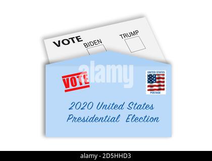 Voting by letter Concept - busta con timbro, indirizzo e carta di voto con caselle di controllo dei candidati Biden e Trump. Gli stati stanno rendendo più facile f Foto Stock