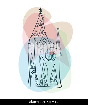 Cattedrale gotica minimalista in linea con rosetta colorata in vetro colorato finestra su uno sfondo trasparente e delicato Illustrazione Vettoriale