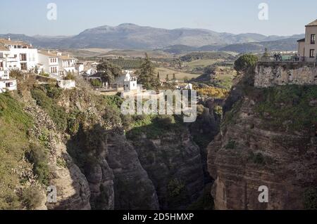 Ronda, España, Hiszpania, Spagna, Spagnolo; paesaggio autunnale che domina la gola del Tajo. Erbstlandschaft mit Zweetschaft. 俯瞰Tajo峽谷的秋天風景 Foto Stock