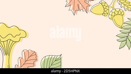 Sfondo autunnale in stile lineare con un fungo e alcune foglie. Illustrazione Vettoriale