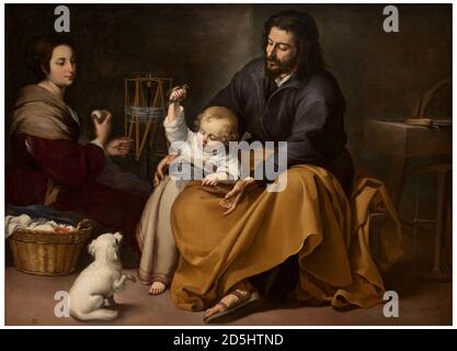 Titolo: La Sacra Famiglia con il piccolo Creatore d'uccello: Bartolome Esteban Murillo Data: c. 1650 dimensioni: 144 x 188 cm Medio: Olio su tela posizione: Museo Nacional del Prado Foto Stock