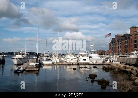 Barche ormeggiate, Long Wharf, Boston, USA. Foto Stock