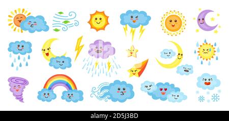 Set di personaggi cartoni animati meteo. Simpatico stile kawaii emoticon sole e nuvole, pioggia o neve, fulmini, luna, stella, arcobaleno. Segni meteorologici con volti. Divertente simboli meteo previsioni. Vettore Illustrazione Vettoriale