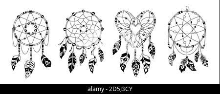 Boho dreamcatcher piume nero glyph cartoon set. Design indiano nativo americano. Stile etnico bohémien, simboli hipster. Piume di uccello, dolce talismano di sogno tirato. Illustrazione vettoriale Illustrazione Vettoriale