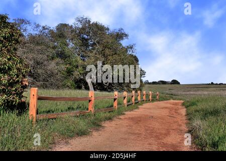 Strada sterrata che corre accanto a un recinto ferroviario Foto Stock