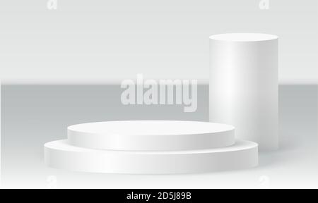 Scena podio cilindro, piedistallo vincitore. Modello a cilindro bianco per la scena del podio dello showroom. Piedistallo Vector bianco per la presentazione del prodotto Illustrazione Vettoriale