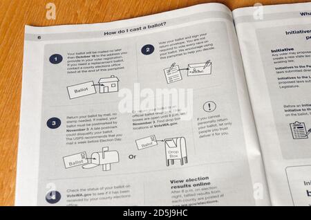 Il Pamphlet degli elettori, pubblicato dall'ufficio del Segretario di Stato di Washington, contiene candidati all'informazione e misure a livello statale per la ge Foto Stock