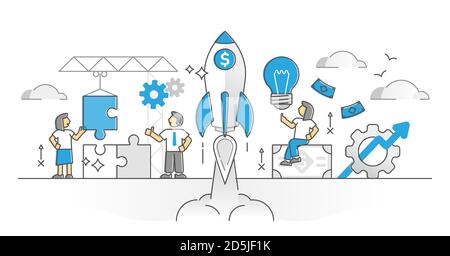 Lancio del progetto Startup con concetto innovativo di business idea monocolor Outline. La scena del lavoro di squadra dell'azienda con problema superato e la ricerca della soluzione a r Illustrazione Vettoriale