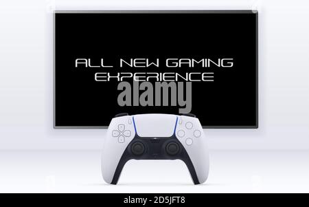 Concetto di gioco per giocatore singolo. Immagine vettoriale realistica di Gemepad davanti alla grande TV su una parete bianca su sfondo bianco Illustrazione Vettoriale