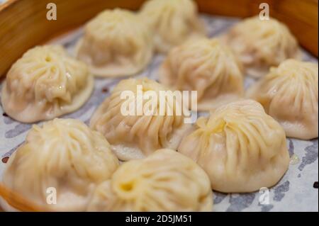 Primo piano di Xiaolongbao a Taipei, Taiwan Foto Stock