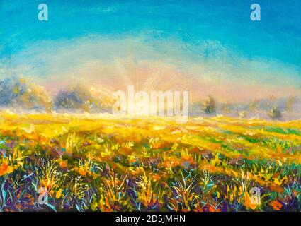 Dipinto ad olio originale primi raggi di sole su foggy campo soleggiato fiore paesaggio rurale pittura su tela. Grafica impasto. Impressionismo arte Foto Stock