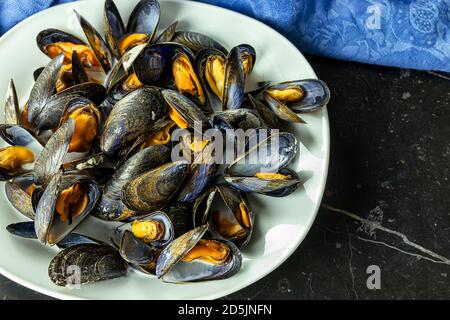 Deliziose cozze fresche al vapore in salsa di vino bianco in un piastra bianca su sfondo grigio scuro Foto Stock