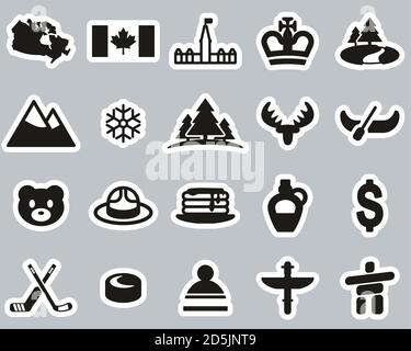 Set adesivi in bianco e nero con icone per la cultura e il paese del Canada Grande Illustrazione Vettoriale