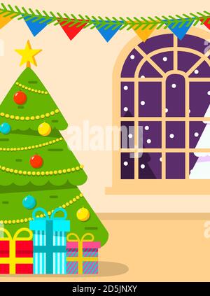 Interno albero di Natale decorato soggiorno con regali. Illustrazione Vettoriale