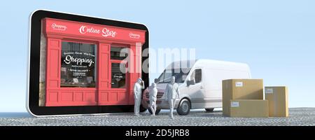 Rendering 3D di un tablet con una boutique, un furgone con scatole e deliverymen Foto Stock