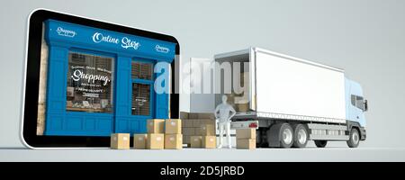 Rendering 3D di un tablet con una boutique, un furgone con scatole e deliverymen Foto Stock