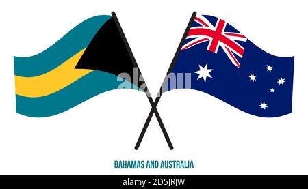 Bahamas e Australia Bandiere incrociate e ondulate stile piatto. Proporzione ufficiale. Colori corretti. Illustrazione Vettoriale