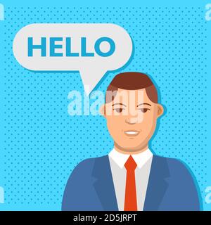 Bolla del parlato. Concetto chatbot. Uomo d'affari parla Ciao. Illustrazione Vettoriale