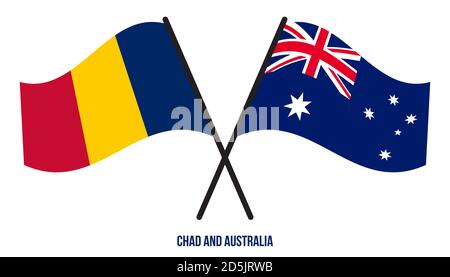 Chad e Australia Bandiere incrociate e ondeggianti stile piatto. Proporzione ufficiale. Colori corretti. Illustrazione Vettoriale