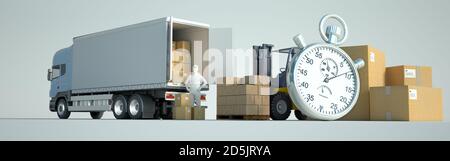 Rendering 3D di un camion, un furgone, un carrello elevatore, un sacco di pacchi, lavoratori e un cronometro Foto Stock