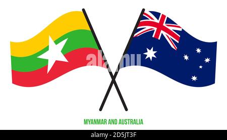 Myanmar e Australia Bandiere incrociate e ondulate stile piatto. Proporzione ufficiale. Colori corretti. Illustrazione Vettoriale
