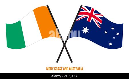 Costa d'Avorio e Australia Bandiere incrociate e ondulate in stile piatto. Proporzione ufficiale. Colori corretti. Illustrazione Vettoriale