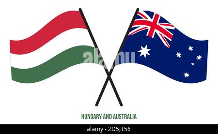 Bandiera dell'Ungheria e dell'Australia attraversata e ondulata in stile piatto. Proporzione ufficiale. Colori corretti. Illustrazione Vettoriale