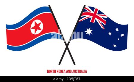 Corea del Nord e Australia Bandiere incrociate e ondulate stile piatto. Proporzione ufficiale. Colori corretti. Illustrazione Vettoriale