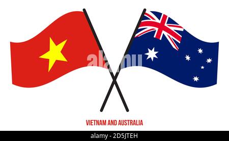 Vietnam e Australia Bandiere incrociate e ondeggianti stile piatto. Proporzione ufficiale. Colori corretti. Illustrazione Vettoriale