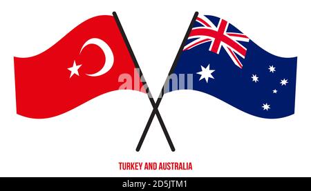 Turchia e Australia Bandiere incrociate e ondulate stile piatto. Proporzione ufficiale. Colori corretti. Illustrazione Vettoriale