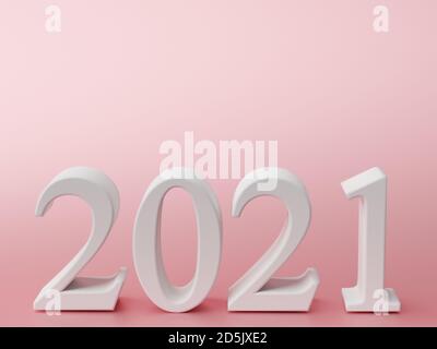 Numero bianco 2021 del nuovo anno su pinkbackground. rendering 3d Foto Stock