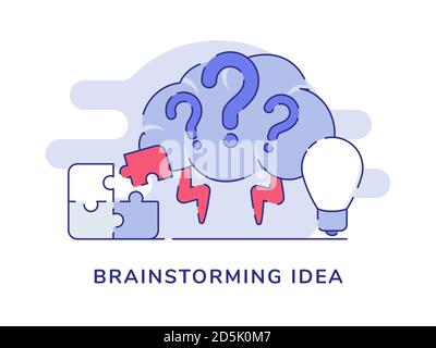 Brainstorming idea concetto cervello fulmine punto interrogativo bulbo lampada puzzle sfondo bianco isolato con profilo piatto Illustrazione Vettoriale