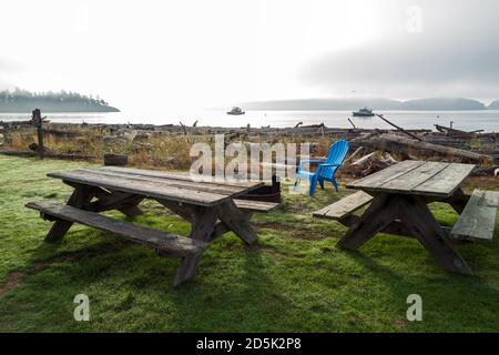 Tavoli da picnic e una sedia blu presso lo Spencer Spit state Park sull'isola di Lopez, Washington, USA Foto Stock