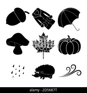 Collezione di simboli silhouette autunnali. Set di icone cartoni animati autunnali. Elementi di design in bianco e nero isolati su bianco. Illustrazione stagionale monocromatica. Illustrazione Vettoriale