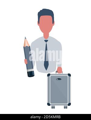 Uomo d'affari o impiegato che tiene una valigetta e una matita. Carattere maschile in stile semplice, immagine vettoriale piatta. Concetto aziendale. Isolato su bianco Illustrazione Vettoriale